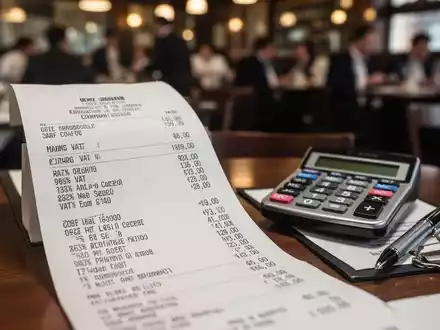 Eine Nahaufnahme einer Restaurantrechnung mit unterschiedlichen Mehrwertsteuersätzen, einem Taschenrechner und einem Stift auf einem Tisch. - Foto: über boerse-global.de