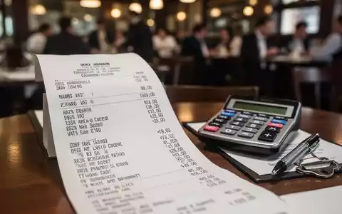 Eine Nahaufnahme einer Restaurantrechnung mit unterschiedlichen Mehrwertsteuersätzen, einem Taschenrechner und einem Stift auf einem Tisch. - Foto: über boerse-global.de