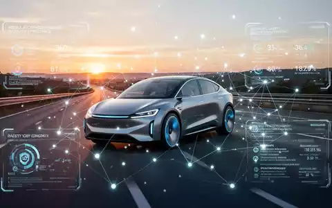 Futuristisches autonomes Fahrzeug auf einer Autobahn bei Dämmerung mit digitalen Overlays zu globalen Regulierungs- und Sicherheitsdaten. - Foto: über boerse-global.de