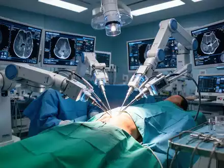 Ein hochmoderner Operationssaal mit robotischer Chirurgieausrüstung, die auf einen Patientenbereich für Prostatakrebsbehandlungen fokussiert ist. - Foto: über boerse-global.de