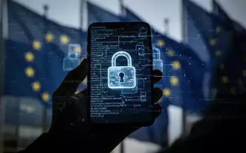 Eine Hand hält ein Smartphone mit digitalen Vorhängeschlössern und Codezeilen, im Hintergrund verschwommene EU-Flaggen. - Foto: über boerse-global.de