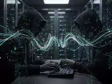 Dunkles, digitales Bild mit leuchtenden Datenströmen und einer schattenhaften Figur an einer Tastatur, die KI-Phishing darstellt. - Foto: über boerse-global.de