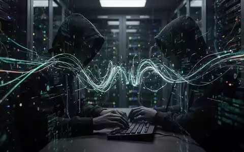 Dunkles, digitales Bild mit leuchtenden Datenströmen und einer schattenhaften Figur an einer Tastatur, die KI-Phishing darstellt. - Foto: über boerse-global.de
