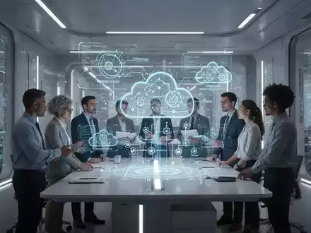 Ein futuristisches Büro mit Menschen, die an einem holografischen Display arbeiten, das KI-Algorithmen und Cloud-Infrastruktur zeigt. - Foto: über boerse-global.de