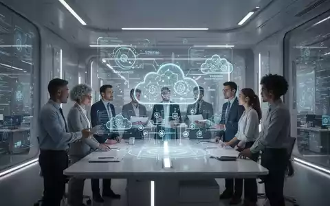 Ein futuristisches Büro mit Menschen, die an einem holografischen Display arbeiten, das KI-Algorithmen und Cloud-Infrastruktur zeigt. - Foto: über boerse-global.de