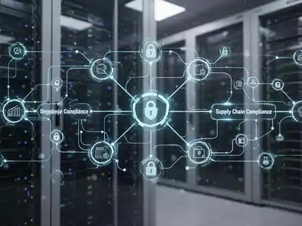 Ein stilisiertes, beleuchtetes Flussdiagramm oder Netzwerkdiagramm, das komplexe Lieferketten-Compliance darstellt, mit leuchtenden Knoten und Verbindungslinien vor dem Hintergrund von Server-Racks. - Foto: über boerse-global.de