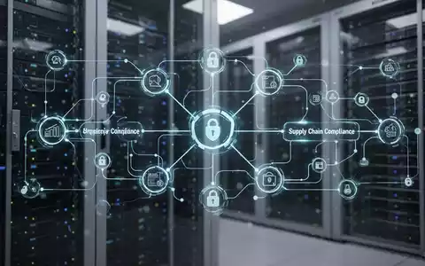 Ein stilisiertes, beleuchtetes Flussdiagramm oder Netzwerkdiagramm, das komplexe Lieferketten-Compliance darstellt, mit leuchtenden Knoten und Verbindungslinien vor dem Hintergrund von Server-Racks. - Foto: über boerse-global.de