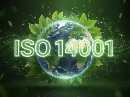 Ein stilisiertes, leuchtendes ISO 14001 Logo, umgeben von grünen Blättern und einer Weltkugel, symbolisiert Umweltmanagement und Nachhaltigkeit. - Foto: über boerse-global.de