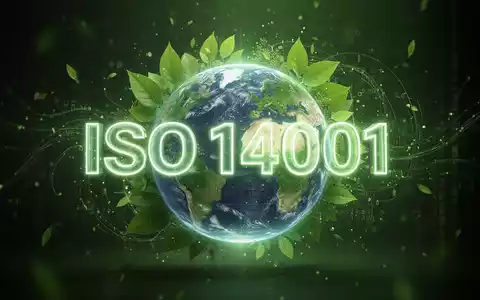 Ein stilisiertes, leuchtendes ISO 14001 Logo, umgeben von grünen Blättern und einer Weltkugel, symbolisiert Umweltmanagement und Nachhaltigkeit. - Foto: über boerse-global.de
