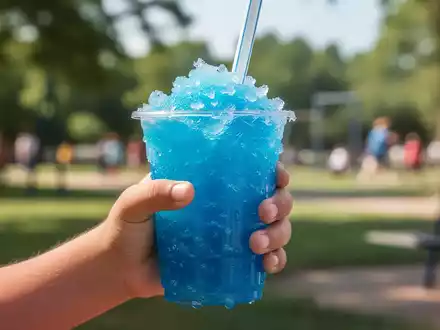Ein Kinderhand hält ein leuchtend blaues Slush-Ice-Getränk, das potenzielle Gesundheitsrisiken symbolisiert. - Foto: über boerse-global.de