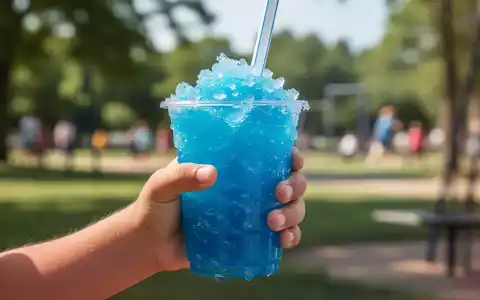 Ein Kinderhand hält ein leuchtend blaues Slush-Ice-Getränk, das potenzielle Gesundheitsrisiken symbolisiert. - Foto: über boerse-global.de