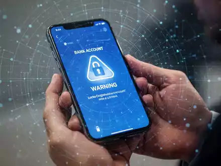 Nahaufnahme einer Hand, die ein Smartphone hält, auf dem ein gesperrtes Bankkonto mit Warnsymbol und einem digitalen Sicherheitsraster angezeigt wird. - Foto: über boerse-global.de