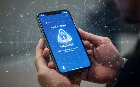 Nahaufnahme einer Hand, die ein Smartphone hält, auf dem ein gesperrtes Bankkonto mit Warnsymbol und einem digitalen Sicherheitsraster angezeigt wird. - Foto: über boerse-global.de