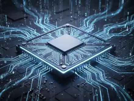 Leuchtender, futuristischer Mikrochip mit komplexen Schaltkreisen, symbolisiert fortschrittliche KI-Verarbeitung und Innovation. - Foto: über boerse-global.de