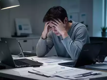 Eine junge erwachsene Person sitzt überfordert und mit dem Kopf in den Händen an einem Schreibtisch voller digitaler Geräte. - Foto: über boerse-global.de