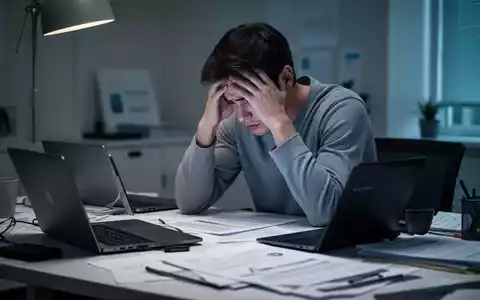 Eine junge erwachsene Person sitzt überfordert und mit dem Kopf in den Händen an einem Schreibtisch voller digitaler Geräte. - Foto: über boerse-global.de