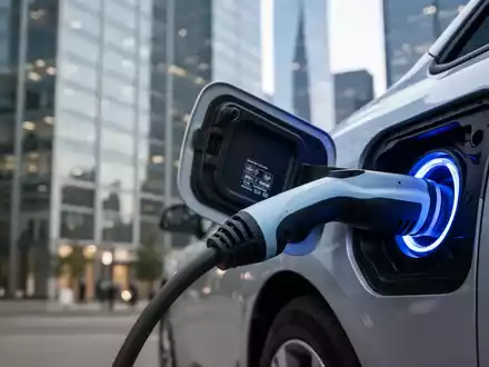 Nahaufnahme eines Ladesteckers in einem Elektroauto, das auf einem Parkplatz vor einem modernen Bürogebäude aufgeladen wird. - Foto: über boerse-global.de