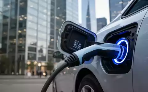 Nahaufnahme eines Ladesteckers in einem Elektroauto, das auf einem Parkplatz vor einem modernen Bürogebäude aufgeladen wird. - Foto: über boerse-global.de