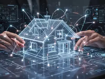 Digitale Oberfläche mit Hausgrundriss und leuchtenden Datenpunkten, Symbol für die Digitalisierung von Immobiliendienstleistungen. - Foto: über boerse-global.de