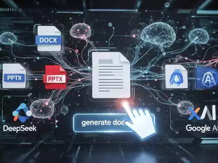 Digitale Oberfläche mit Dokumentsymbolen, KI-Netzwerkvisualisierungen und Logos von DeepSeek, Google AI und xAI, die neue KI-Funktionen darstellen. - Foto: über boerse-global.de
