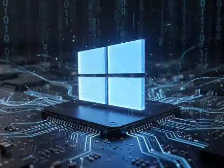 Leuchtend blaues Windows-Logo auf dunkler, futuristischer Platine mit digitalen Linien, symbolisiert ein Technologie-Update. - Foto: über boerse-global.de