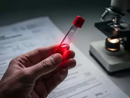 Nahaufnahme einer Hand, die ein Blutröhrchen mit rötlicher Flüssigkeit hält, im Hintergrund unscharfe medizinische Dokumente. - Foto: über boerse-global.de