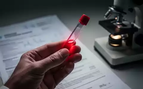 Nahaufnahme einer Hand, die ein Blutröhrchen mit rötlicher Flüssigkeit hält, im Hintergrund unscharfe medizinische Dokumente. - Foto: über boerse-global.de
