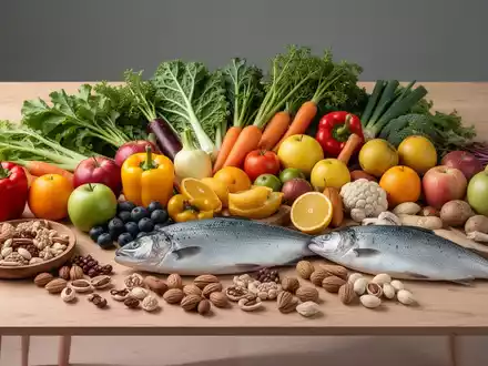 Eine Nahaufnahme einer Auswahl an frischem Gemüse, Obst, Nüssen und Lachs, ansprechend auf einem Holztisch arrangiert. - Foto: über boerse-global.de