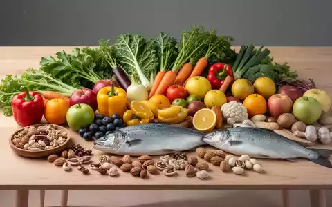 Eine Nahaufnahme einer Auswahl an frischem Gemüse, Obst, Nüssen und Lachs, ansprechend auf einem Holztisch arrangiert. - Foto: über boerse-global.de
