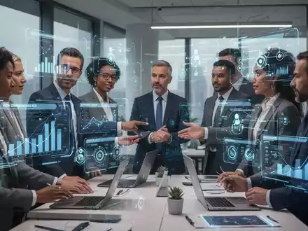Geschäftsleute nutzen KI-Agenten zur Steigerung der Produktivität in Vertrieb und Logistik mit holografischen Datenvisualisierungen. - Foto: über boerse-global.de