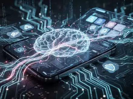Leuchtendes neuronales Netz mit abstraktem Datenfluss, futuristisches Handy-Interface mit Task-Icons. - Foto: über boerse-global.de