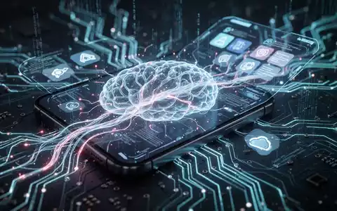 Leuchtendes neuronales Netz mit abstraktem Datenfluss, futuristisches Handy-Interface mit Task-Icons. - Foto: über boerse-global.de
