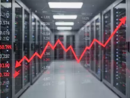 Digitale Buchhaltung mit negativen Finanztrends, überlagert von verschwommenem Serverraum, symbolisiert Kostendruck in KI. - Foto: über boerse-global.de