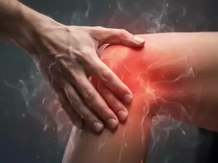 Eine Nahaufnahme einer Hand, die ein Knie berührt, mit subtilen visuellen Hinweisen auf Hitze und Druckveränderungen im Hintergrund. - Foto: über boerse-global.de