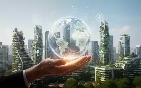 Eine Hand hält eine leuchtende, transparente Kugel, die globale Zusammenarbeit und Nachhaltigkeit symbolisiert, vor einem modernen, umweltfreundlichen Stadtbild. - Foto: über boerse-global.de