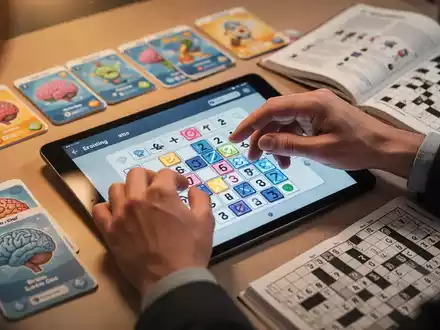 Hände lösen ein Logikrätsel auf einem Tablet, umgeben von Denksportaufgaben und einem Rätselbuch, symbolisierend kognitive Fitness. - Foto: über boerse-global.de