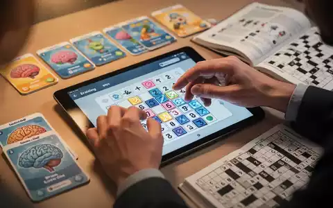 Hände lösen ein Logikrätsel auf einem Tablet, umgeben von Denksportaufgaben und einem Rätselbuch, symbolisierend kognitive Fitness. - Foto: über boerse-global.de