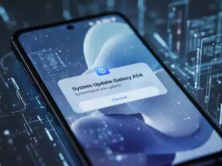 Ein Nahaufnahme eines Samsung Galaxy A54 Smartphones, das eine Systemupdate-Benachrichtigung anzeigt, mit einem unscharfen digitalen Hintergrund. - Foto: über boerse-global.de