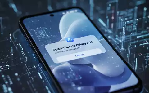 Ein Nahaufnahme eines Samsung Galaxy A54 Smartphones, das eine Systemupdate-Benachrichtigung anzeigt, mit einem unscharfen digitalen Hintergrund. - Foto: über boerse-global.de