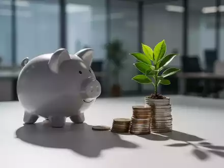 Ein stilisiertes Sparschwein wirft einen langen Schatten auf Münzen und eine Pflanze, die Finanzplanung und Wachstum symbolisieren. - Foto: über boerse-global.de