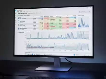 Ein Computermonitor zeigt die Windows 11 Task-Manager-Oberfläche mit neuen Leistungsmetriken für NPU-Auslastung und KI-Hardware. - Foto: über boerse-global.de