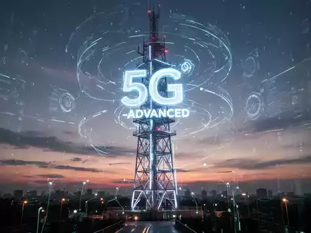 Ein futuristischer 5G-Advanced-Sendemast bei Dämmerung mit digitalen Datenströmen, der Konnektivität und Innovation symbolisiert. - Foto: über boerse-global.de