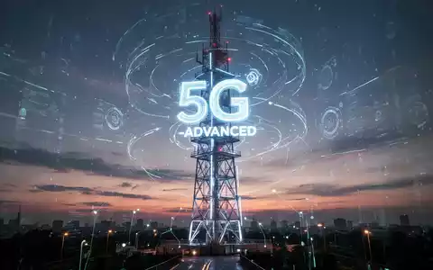 Ein futuristischer 5G-Advanced-Sendemast bei Dämmerung mit digitalen Datenströmen, der Konnektivität und Innovation symbolisiert. - Foto: über boerse-global.de