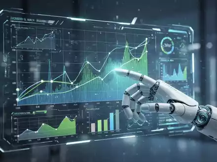 Futuristisches digitales Interface mit Daten und einer dezenten Roboterhand als Symbol für KI-Automatisierung im Unternehmensumfeld. - Foto: über boerse-global.de