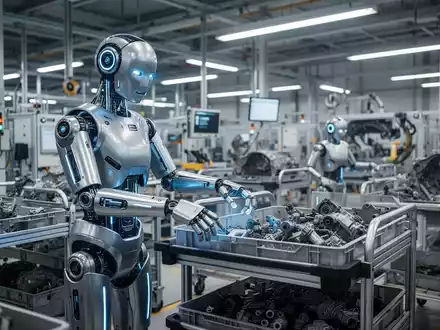 Humanoid Roboter mit blauen Leuchtelementen sortiert Autoteile in einer modernen BMW-Fabrik. Fokus auf Präzision und Automatisierung. - Foto: über boerse-global.de