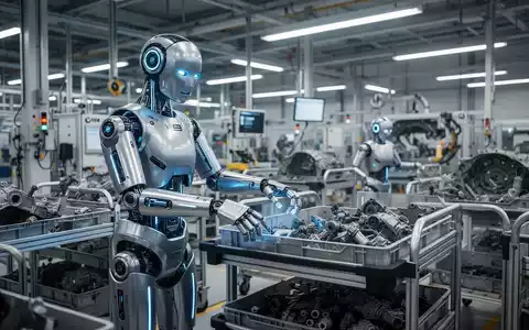 Humanoid Roboter mit blauen Leuchtelementen sortiert Autoteile in einer modernen BMW-Fabrik. Fokus auf Präzision und Automatisierung. - Foto: über boerse-global.de
