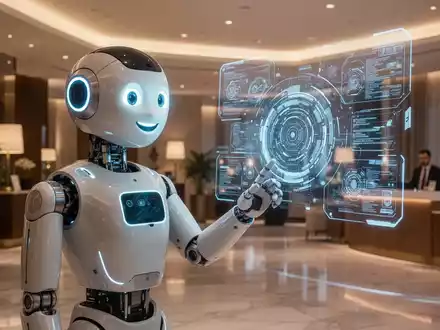 Ein schlanker KI-Roboter mit leuchtendem Gesicht in einer modernen Hotellobby, der mit einer holografischen Schnittstelle interagiert. - Foto: über boerse-global.de