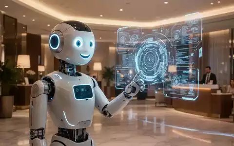 Ein schlanker KI-Roboter mit leuchtendem Gesicht in einer modernen Hotellobby, der mit einer holografischen Schnittstelle interagiert. - Foto: über boerse-global.de
