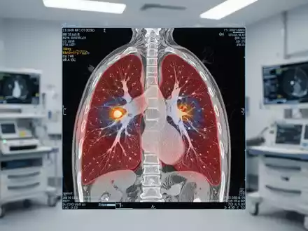 Nahaufnahme eines Niedrigdosis-CT-Scans einer menschlichen Lunge mit sichtbaren frühen Anomalien, im Hintergrund medizinische Geräte. - Foto: über boerse-global.de