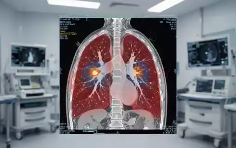 Nahaufnahme eines Niedrigdosis-CT-Scans einer menschlichen Lunge mit sichtbaren frühen Anomalien, im Hintergrund medizinische Geräte. - Foto: über boerse-global.de